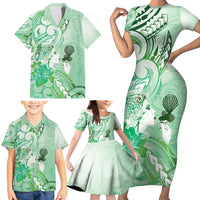 Aotearoa Maori Wahine Family Matching Short Sleeve Bodycon Dress and Hawaiian Shirt Fantail Bird Green Gold Marble LT05 - Polynesian Pride