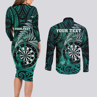 Personalised New Zealand Darts Couples Matching Long Sleeve Bodycon Dress and Long Sleeve Button Shirt Maori Koru Dartboard Turquoise Flame LT05 - Polynesian Pride