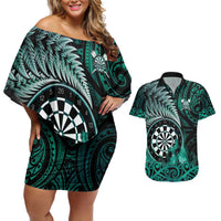 Personalised New Zealand Darts Couples Matching Off Shoulder Short Dress and Hawaiian Shirt Maori Koru Dartboard Turquoise Flame LT05 Turquoise - Polynesian Pride