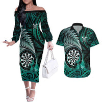 Personalised New Zealand Darts Couples Matching Off The Shoulder Long Sleeve Dress and Hawaiian Shirt Maori Koru Dartboard Turquoise Flame LT05 Turquoise - Polynesian Pride