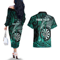 Personalised New Zealand Darts Couples Matching Off The Shoulder Long Sleeve Dress and Hawaiian Shirt Maori Koru Dartboard Turquoise Flame LT05 - Polynesian Pride