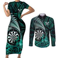 Personalised New Zealand Darts Couples Matching Short Sleeve Bodycon Dress and Long Sleeve Button Shirt Maori Koru Dartboard Turquoise Flame LT05 Turquoise - Polynesian Pride