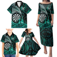 Personalised New Zealand Darts Family Matching Puletasi and Hawaiian Shirt Maori Koru Dartboard Turquoise Flame LT05 - Polynesian Pride