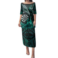 Personalised New Zealand Darts Family Matching Puletasi and Hawaiian Shirt Maori Koru Dartboard Turquoise Flame LT05 Mom's Dress Turquoise - Polynesian Pride