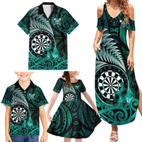 Personalised New Zealand Darts Family Matching Summer Maxi Dress and Hawaiian Shirt Maori Koru Dartboard Turquoise Flame LT05 - Polynesian Pride