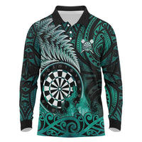 Personalised New Zealand Darts Long Sleeve Polo Shirt Maori Koru Dartboard Turquoise Flame