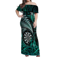 Personalised New Zealand Darts Off Shoulder Maxi Dress Maori Koru Dartboard Turquoise Flame