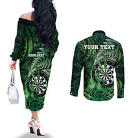 Personalised New Zealand Darts Couples Matching Off The Shoulder Long Sleeve Dress and Long Sleeve Button Shirt Maori Koru Dartboard Green Flame LT05 - Polynesian Pride