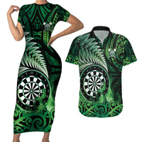 Personalised New Zealand Darts Couples Matching Short Sleeve Bodycon Dress and Hawaiian Shirt Maori Koru Dartboard Green Flame LT05 Green - Polynesian Pride