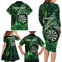 Personalised New Zealand Darts Family Matching Long Sleeve Bodycon Dress and Hawaiian Shirt Maori Koru Dartboard Green Flame LT05 - Polynesian Pride