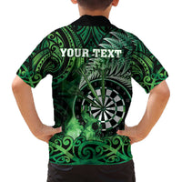 Personalised New Zealand Darts Family Matching Off The Shoulder Long Sleeve Dress and Hawaiian Shirt Maori Koru Dartboard Green Flame LT05 - Polynesian Pride