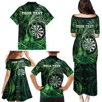 Personalised New Zealand Darts Family Matching Puletasi and Hawaiian Shirt Maori Koru Dartboard Green Flame LT05 - Polynesian Pride