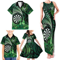 Personalised New Zealand Darts Family Matching Tank Maxi Dress and Hawaiian Shirt Maori Koru Dartboard Green Flame LT05 - Polynesian Pride
