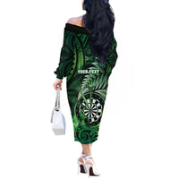 Personalised New Zealand Darts Off The Shoulder Long Sleeve Dress Maori Koru Dartboard Green Flame