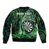 Personalised New Zealand Darts Sleeve Zip Bomber Jacket Maori Koru Dartboard Green Flame LT05 - Polynesian Pride