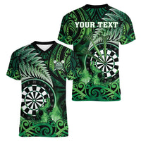 Personalised New Zealand Darts Women V-Neck T-Shirt Maori Koru Dartboard Green Flame