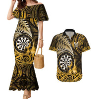 Personalised New Zealand Darts Couples Matching Mermaid Dress and Hawaiian Shirt Maori Koru Dartboard Gold Flame LT05 Gold - Polynesian Pride