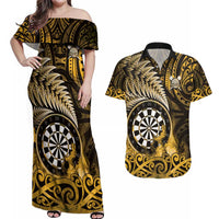 Personalised New Zealand Darts Couples Matching Off Shoulder Maxi Dress and Hawaiian Shirt Maori Koru Dartboard Gold Flame LT05 Gold - Polynesian Pride