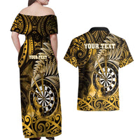 Personalised New Zealand Darts Couples Matching Off Shoulder Maxi Dress and Hawaiian Shirt Maori Koru Dartboard Gold Flame LT05 - Polynesian Pride