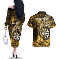 Personalised New Zealand Darts Couples Matching Off The Shoulder Long Sleeve Dress and Hawaiian Shirt Maori Koru Dartboard Gold Flame LT05 - Polynesian Pride