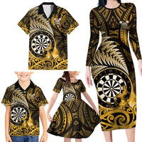 Personalised New Zealand Darts Family Matching Long Sleeve Bodycon Dress and Hawaiian Shirt Maori Koru Dartboard Gold Flame LT05 - Polynesian Pride
