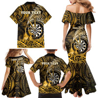 Personalised New Zealand Darts Family Matching Mermaid Dress and Hawaiian Shirt Maori Koru Dartboard Gold Flame LT05 - Polynesian Pride