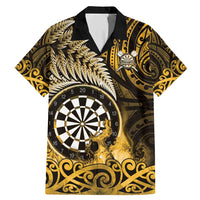 Personalised New Zealand Darts Family Matching Mermaid Dress and Hawaiian Shirt Maori Koru Dartboard Gold Flame LT05 Dad's Shirt - Short Sleeve Gold - Polynesian Pride