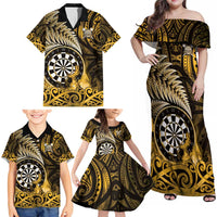 Personalised New Zealand Darts Family Matching Off Shoulder Maxi Dress and Hawaiian Shirt Maori Koru Dartboard Gold Flame LT05 - Polynesian Pride