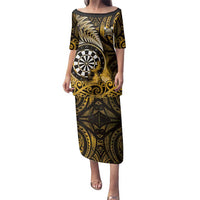 Personalised New Zealand Darts Family Matching Puletasi and Hawaiian Shirt Maori Koru Dartboard Gold Flame LT05 Mom's Dress Gold - Polynesian Pride