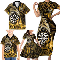 Personalised New Zealand Darts Family Matching Short Sleeve Bodycon Dress and Hawaiian Shirt Maori Koru Dartboard Gold Flame LT05 - Polynesian Pride