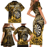 Personalised New Zealand Darts Family Matching Short Sleeve Bodycon Dress and Hawaiian Shirt Maori Koru Dartboard Gold Flame LT05 - Polynesian Pride