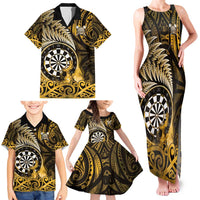 Personalised New Zealand Darts Family Matching Tank Maxi Dress and Hawaiian Shirt Maori Koru Dartboard Gold Flame LT05 - Polynesian Pride