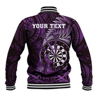 Personalised New Zealand Darts Baseball Jacket Maori Koru Dartboard Purple Flame LT05 - Polynesian Pride