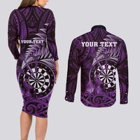 Personalised New Zealand Darts Couples Matching Long Sleeve Bodycon Dress and Long Sleeve Button Shirt Maori Koru Dartboard Purple Flame LT05 - Polynesian Pride