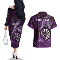Personalised New Zealand Darts Couples Matching Off The Shoulder Long Sleeve Dress and Hawaiian Shirt Maori Koru Dartboard Purple Flame LT05 - Polynesian Pride