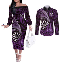 Personalised New Zealand Darts Couples Matching Off The Shoulder Long Sleeve Dress and Long Sleeve Button Shirt Maori Koru Dartboard Purple Flame LT05 Purple - Polynesian Pride