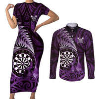 Personalised New Zealand Darts Couples Matching Short Sleeve Bodycon Dress and Long Sleeve Button Shirt Maori Koru Dartboard Purple Flame LT05 Purple - Polynesian Pride