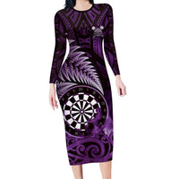 Personalised New Zealand Darts Family Matching Long Sleeve Bodycon Dress and Hawaiian Shirt Maori Koru Dartboard Purple Flame LT05 Mom's Dress Purple - Polynesian Pride