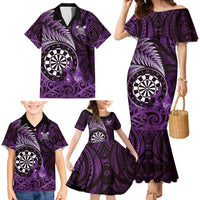 Personalised New Zealand Darts Family Matching Mermaid Dress and Hawaiian Shirt Maori Koru Dartboard Purple Flame LT05 - Polynesian Pride