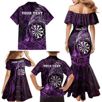 Personalised New Zealand Darts Family Matching Mermaid Dress and Hawaiian Shirt Maori Koru Dartboard Purple Flame LT05 - Polynesian Pride