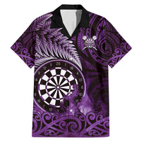 Personalised New Zealand Darts Family Matching Mermaid Dress and Hawaiian Shirt Maori Koru Dartboard Purple Flame LT05 Dad's Shirt - Short Sleeve Purple - Polynesian Pride