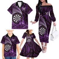 Personalised New Zealand Darts Family Matching Off The Shoulder Long Sleeve Dress and Hawaiian Shirt Maori Koru Dartboard Purple Flame LT05 - Polynesian Pride