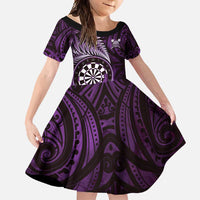 Personalised New Zealand Darts Family Matching Off Shoulder Maxi Dress and Hawaiian Shirt Maori Koru Dartboard Purple Flame LT05 Daughter's Dress Purple - Polynesian Pride