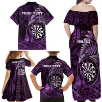 Personalised New Zealand Darts Family Matching Off Shoulder Maxi Dress and Hawaiian Shirt Maori Koru Dartboard Purple Flame LT05 - Polynesian Pride