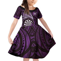 Personalised New Zealand Darts Family Matching Off Shoulder Short Dress and Hawaiian Shirt Maori Koru Dartboard Purple Flame LT05 Daughter's Dress Purple - Polynesian Pride