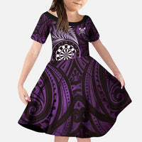 Personalised New Zealand Darts Family Matching Puletasi and Hawaiian Shirt Maori Koru Dartboard Purple Flame LT05 Daughter's Dress Purple - Polynesian Pride