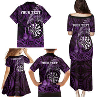 Personalised New Zealand Darts Family Matching Puletasi and Hawaiian Shirt Maori Koru Dartboard Purple Flame LT05 - Polynesian Pride
