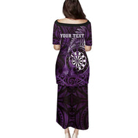 Personalised New Zealand Darts Family Matching Puletasi and Hawaiian Shirt Maori Koru Dartboard Purple Flame LT05 - Polynesian Pride