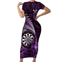 Personalised New Zealand Darts Family Matching Short Sleeve Bodycon Dress and Hawaiian Shirt Maori Koru Dartboard Purple Flame LT05 Mom's Dress Purple - Polynesian Pride