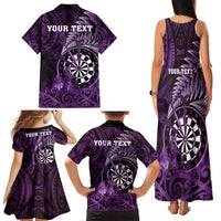 Personalised New Zealand Darts Family Matching Tank Maxi Dress and Hawaiian Shirt Maori Koru Dartboard Purple Flame LT05 - Polynesian Pride